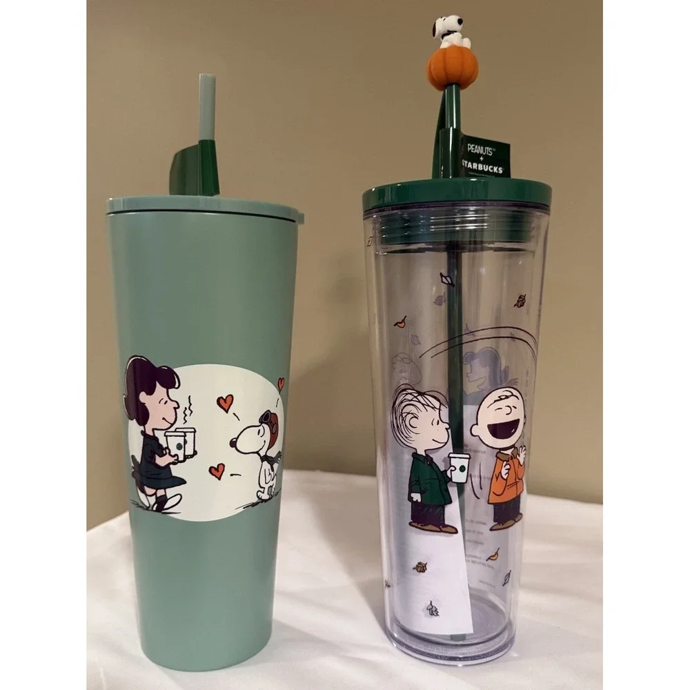Starbucks snoopy peanuts green steel cold cup & plastic tumbler straws & topper